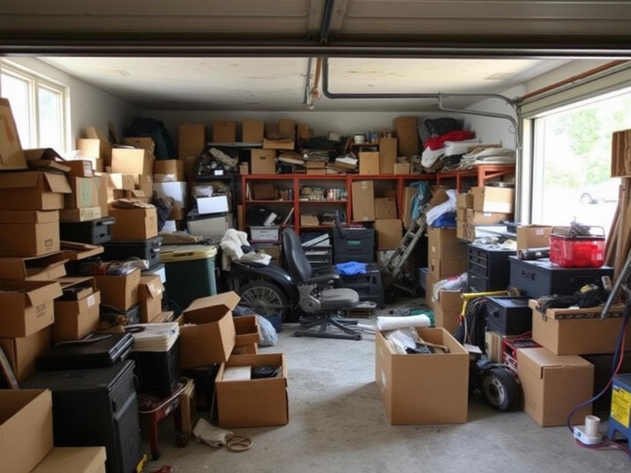 Cluttered garage filled with boxes and junk before cleanout